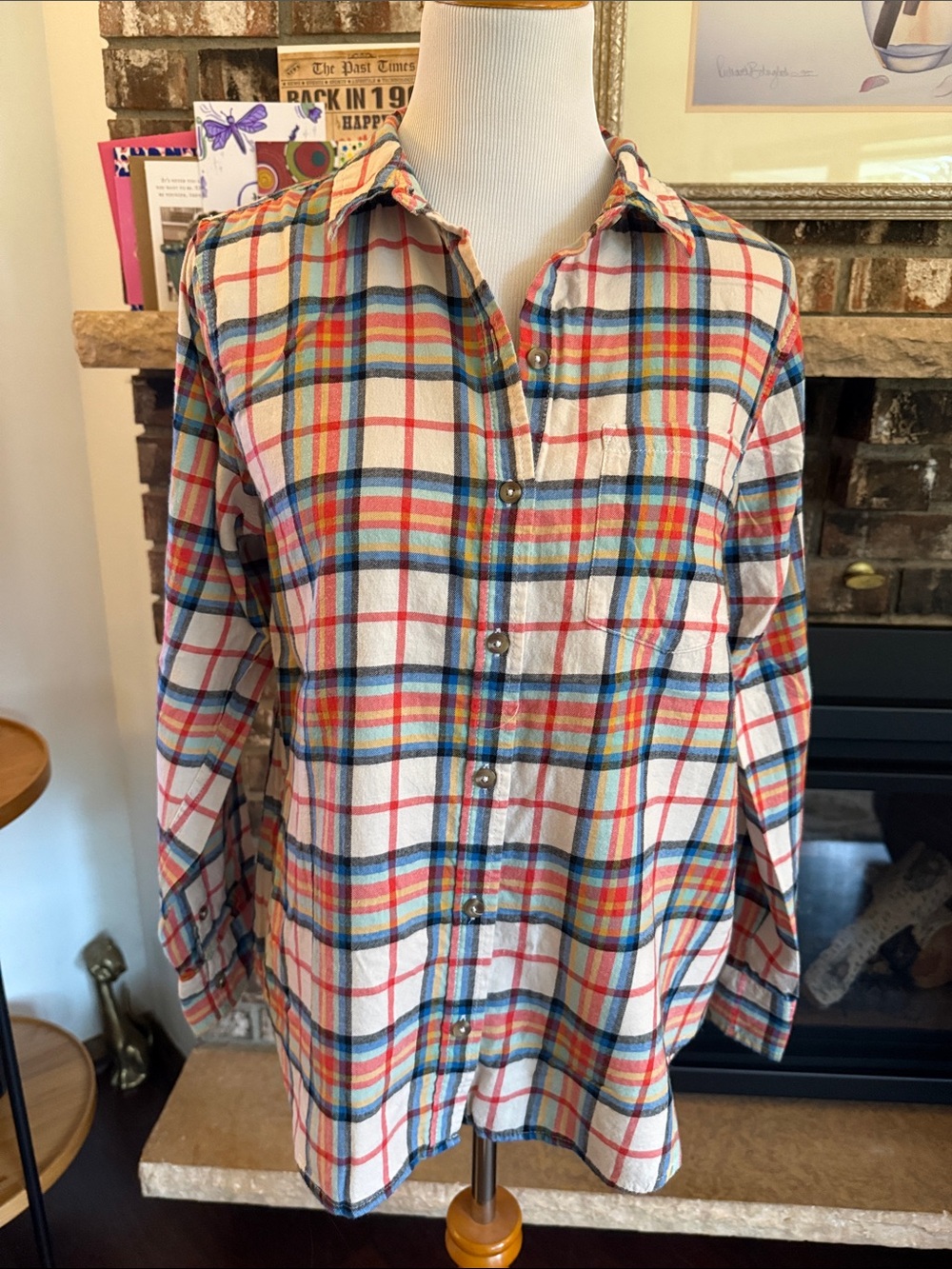 SO Cotton Flannel Button-up Shirt. Plaid Pattern in cream, red, blue, green.
